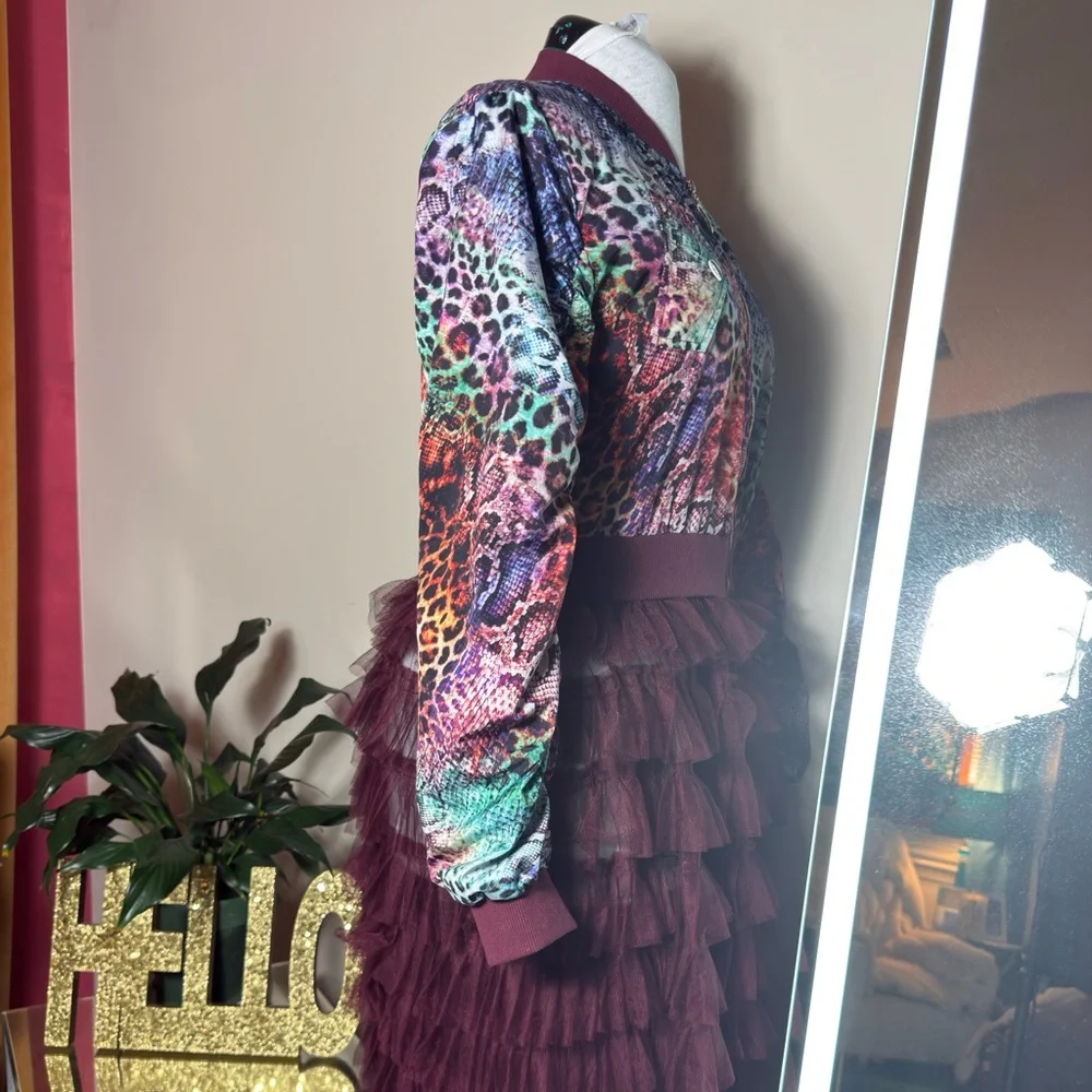 Colorful Animal Print Bomber Jacket with Burgundy Skirt One Piece - Picture 2 of 4